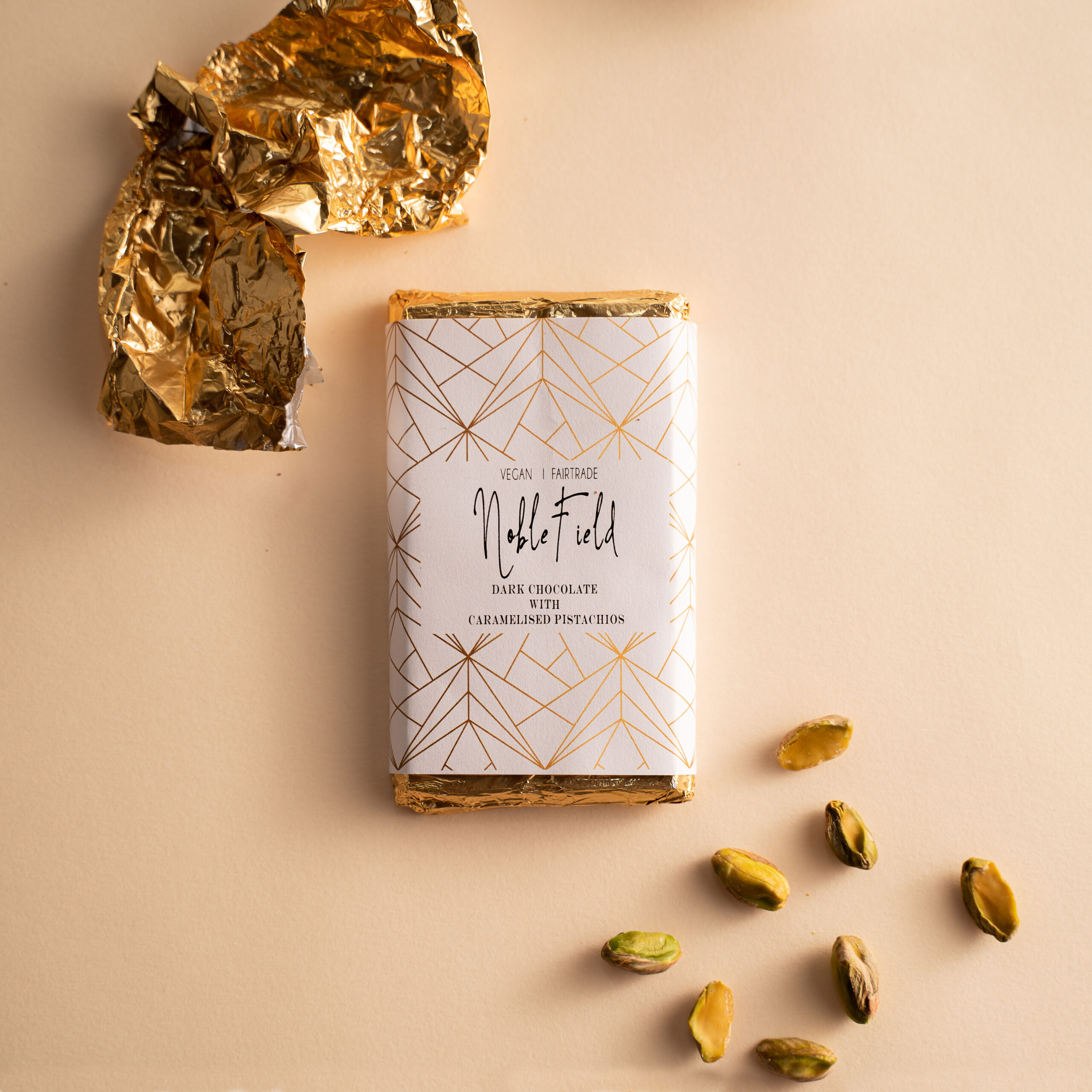 NobleField Pistachio Slab - vegan dark chocolate with caramelized